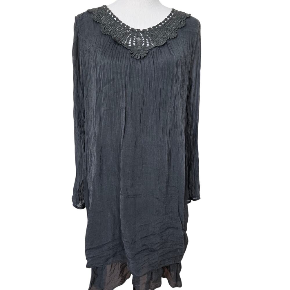 Carla Conti Silk Dress Gray Gauzy Layered Lace Collar Medium Italian Long Sleeve